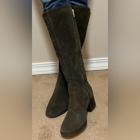 Marc Fisher Rela riding boots, block heel. Winter Olive Green Suede - Picture 5 of 8